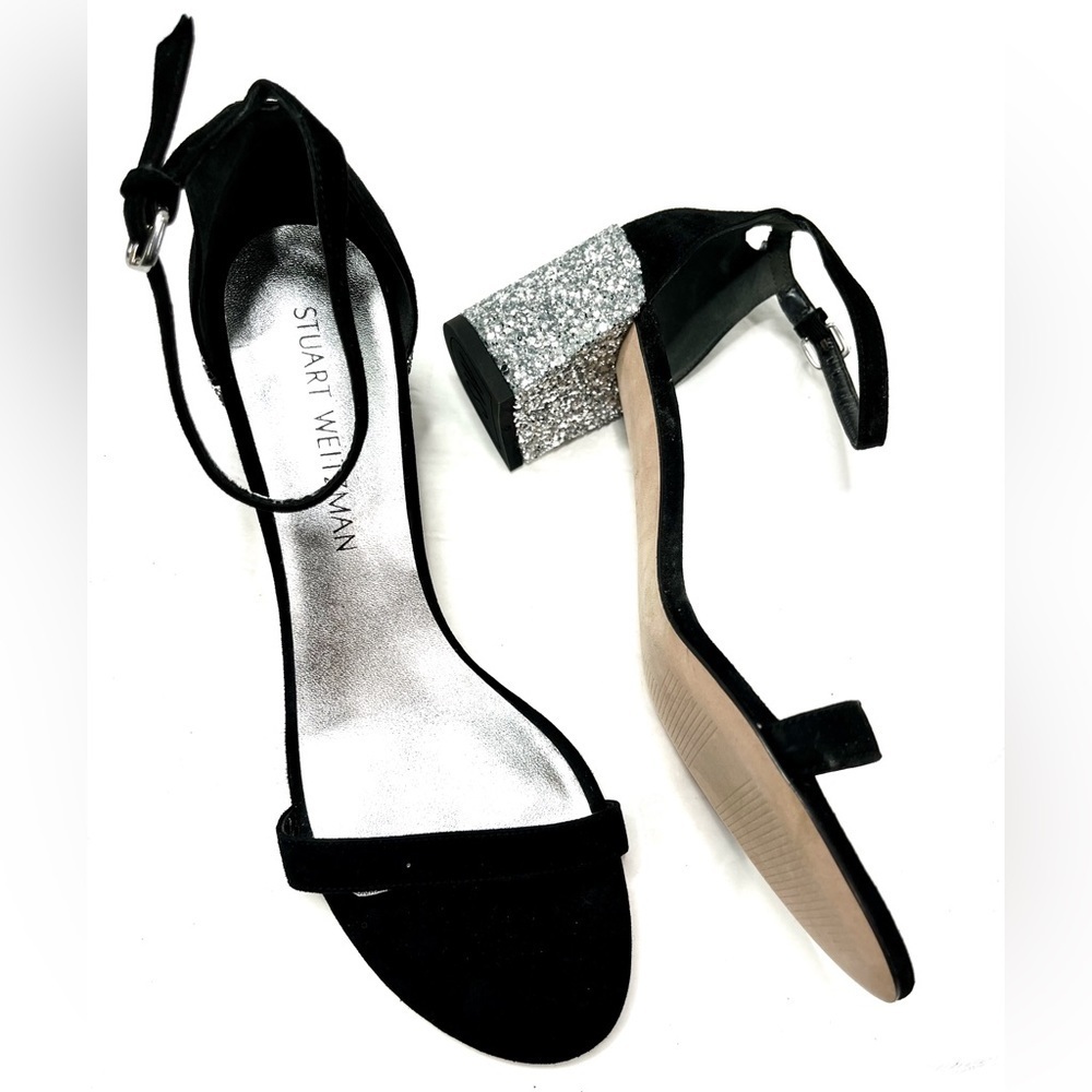 Stuart Weitzman Black Strappy Glitter Heel Sandals